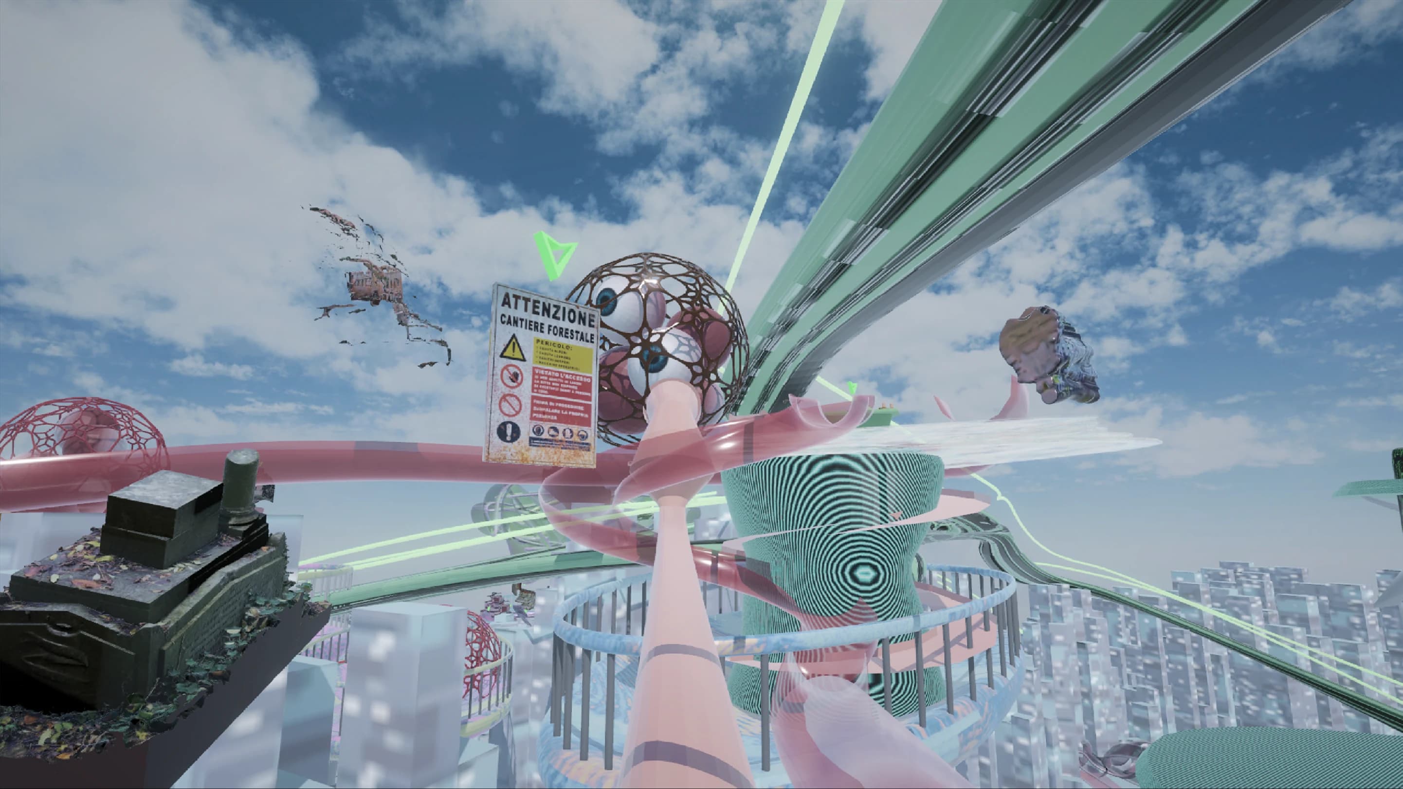 Intersecting elevated structures and fragmented spaces in the game world.