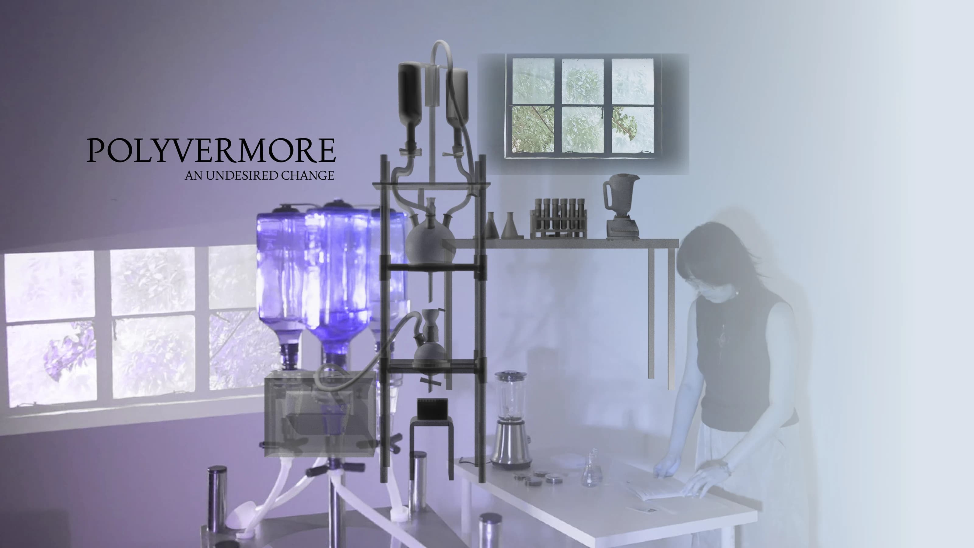 POLYVERMORE installation with illuminated vessels and an external processing apparatus.