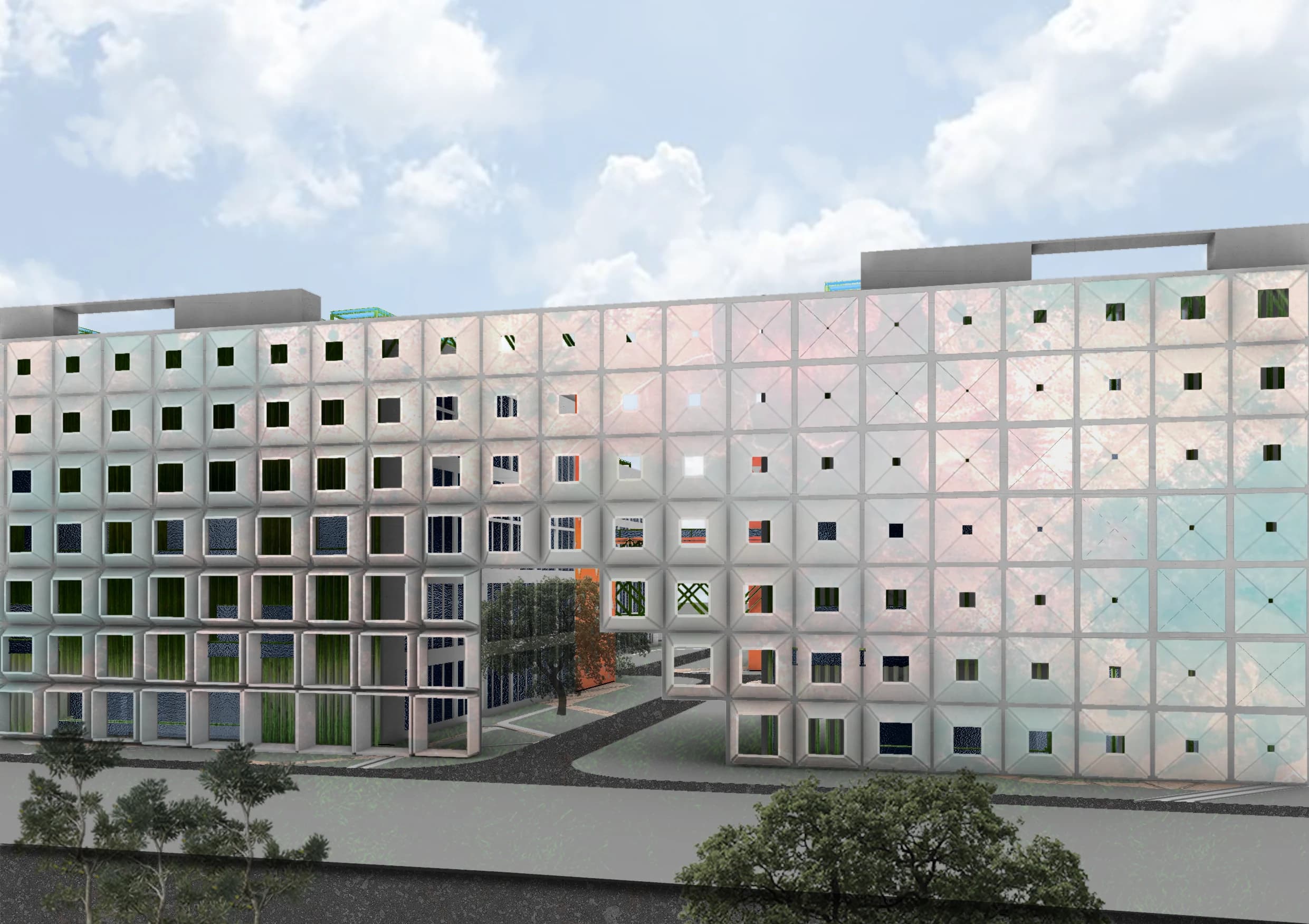 Exterior visualisation of the individually designed factory building.