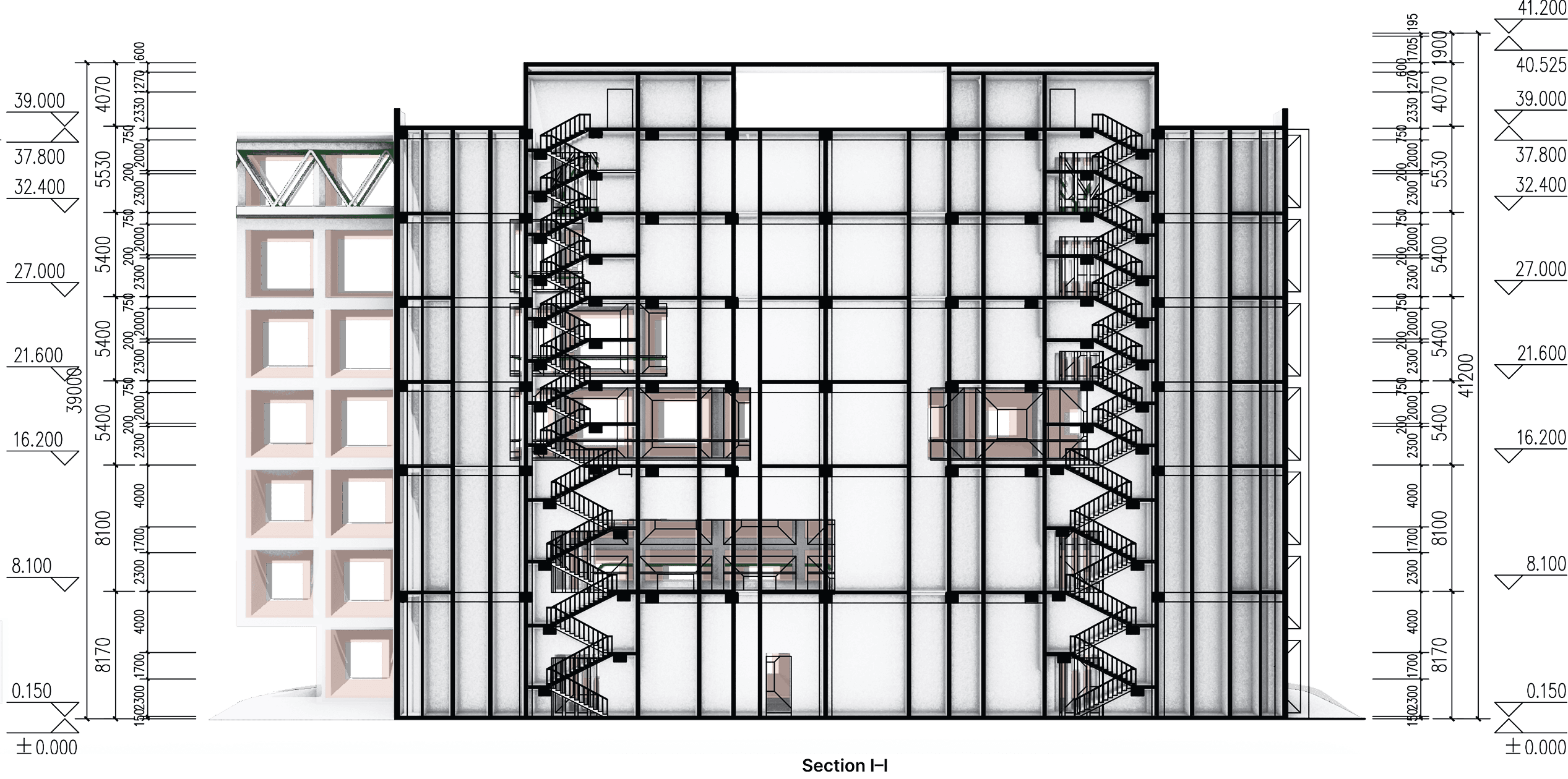 First technical section through the individual factory building.