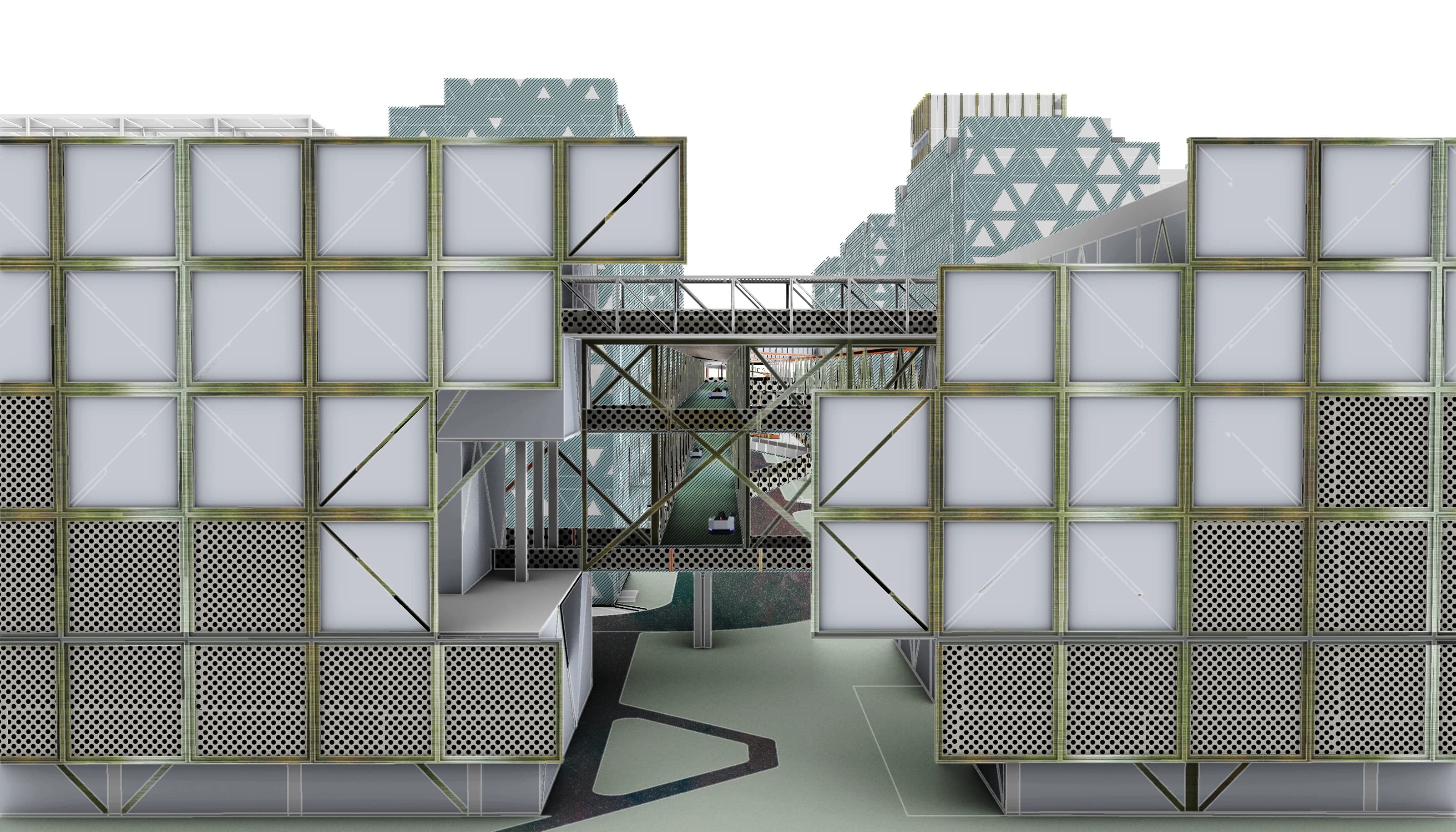 Final factory facade and connection between production volumes.
