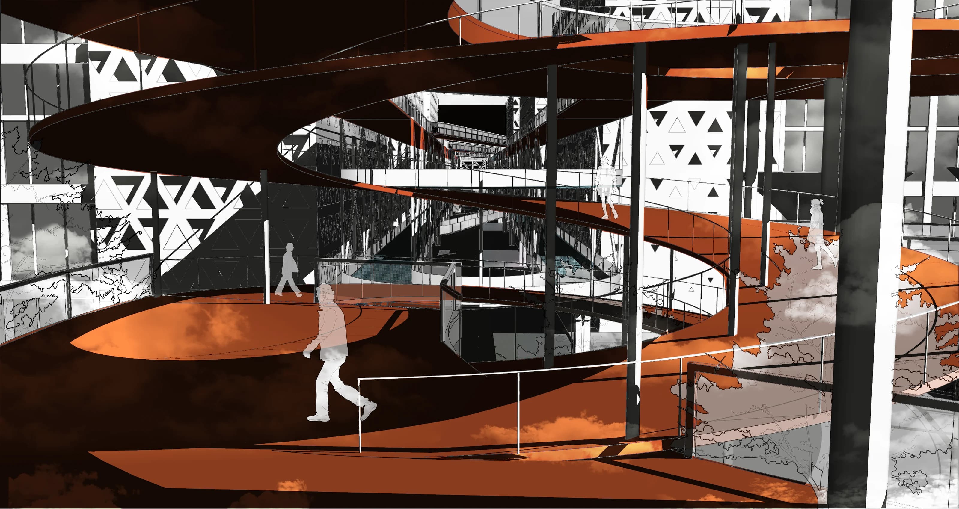 Final view of the factory circulation and internal spatial connections.