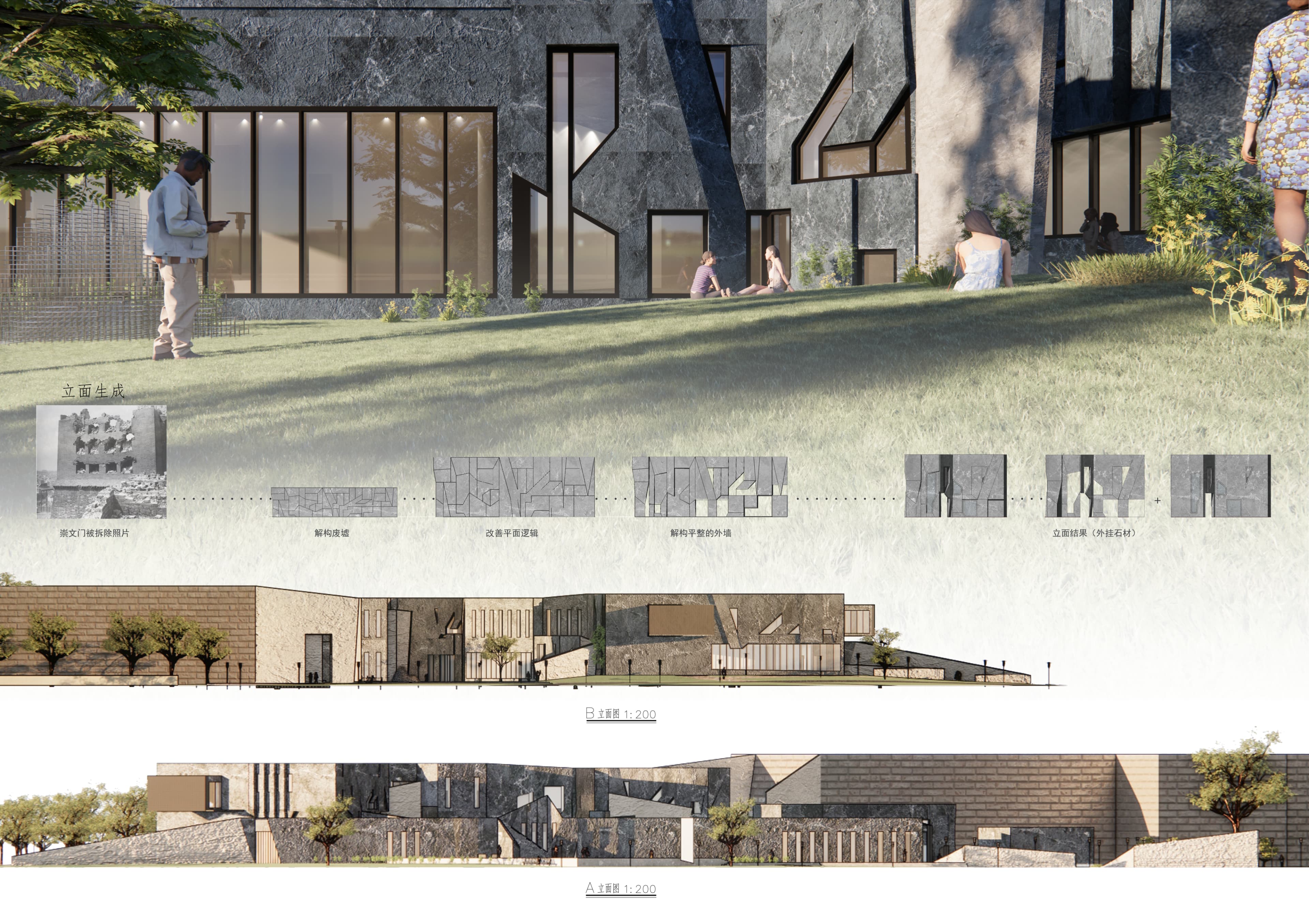 Facade development drawings and museum exterior rendering.