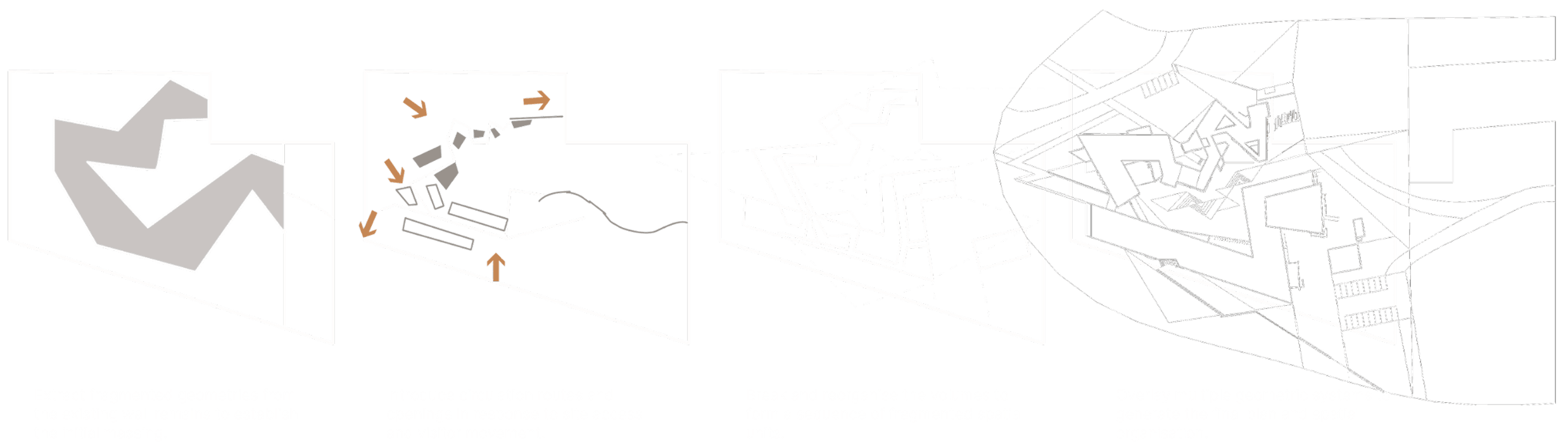 Diagrams developing a fragmented architectural language from the wall remains.