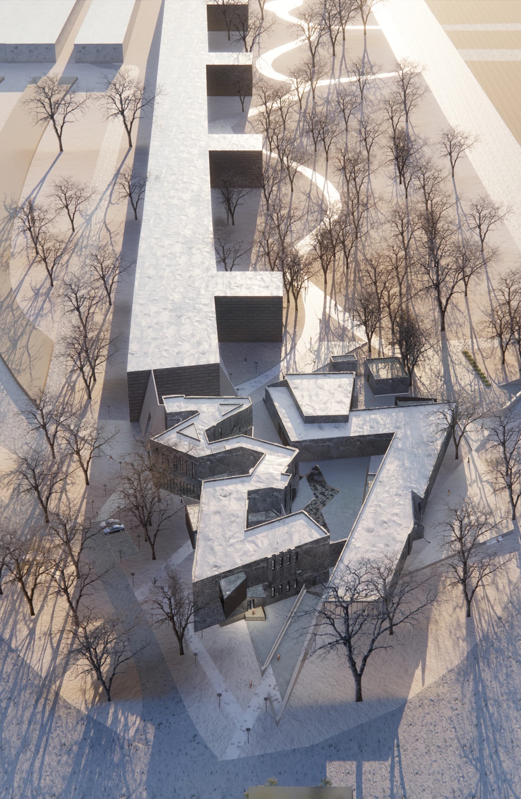 Aerial view of the museum integrated with the wall and park.