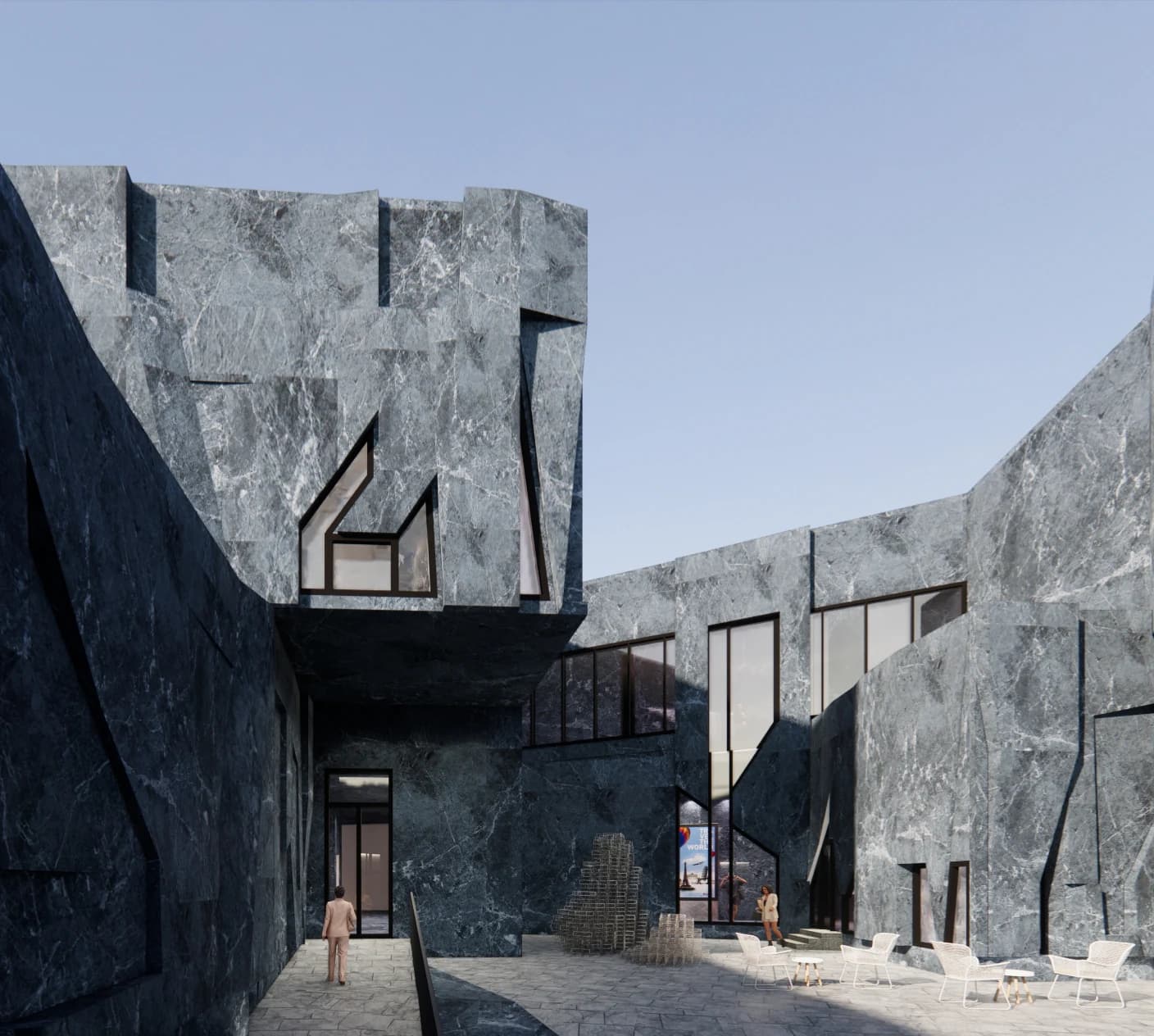 Fragmented museum volumes framing a courtyard.