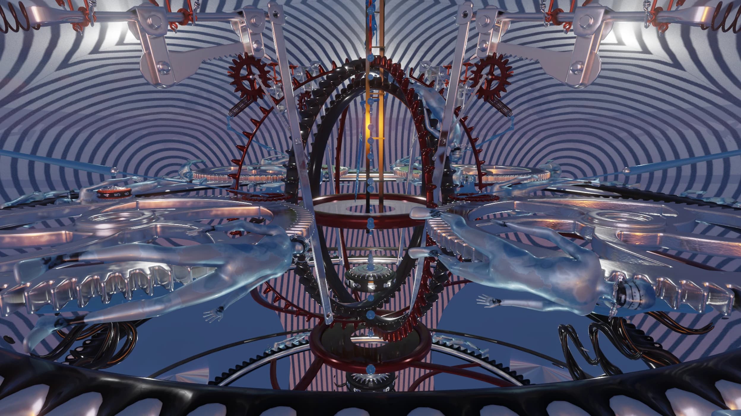 Final animation still looking into the layered mechanical interior of the centrifuge.