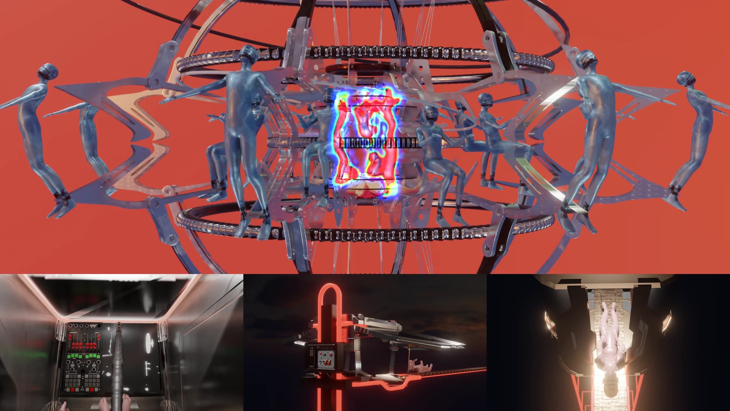 Final animation composition showing the centrifugal system and three detail views.
