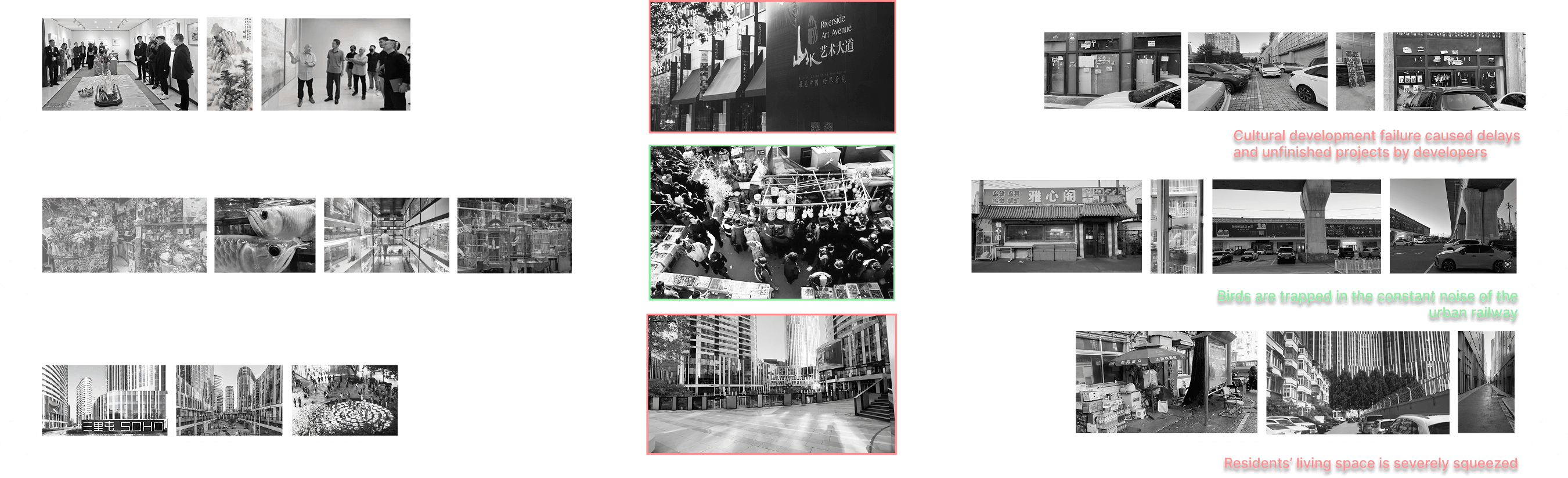 Field research photographs and observations comparing the lived conditions of labelled urban spaces.