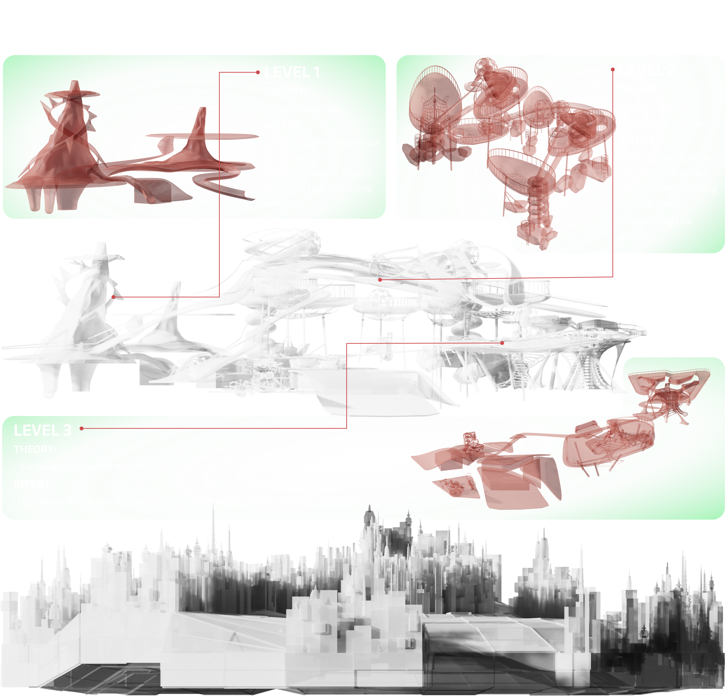 Spatial development diagrams showing fragmented structures and their arrangement in the game world.