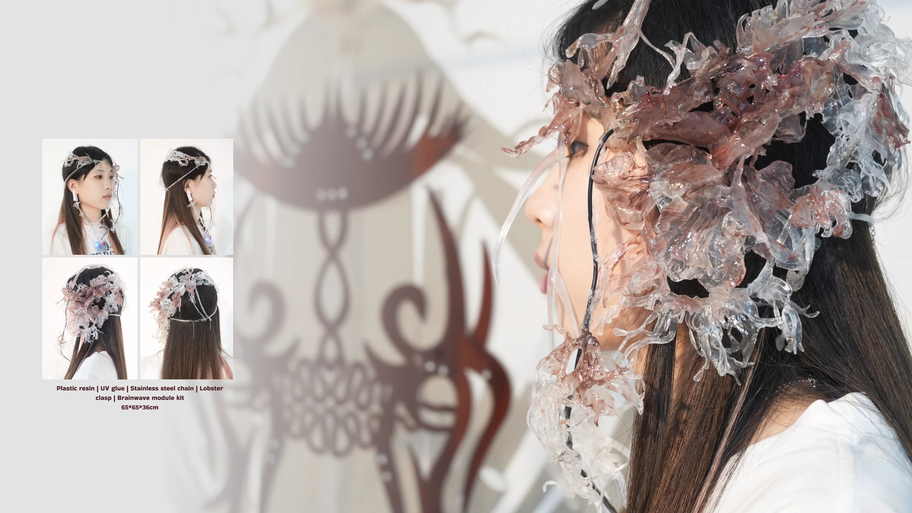 Wearable detail with multiple views of the sculptural headset.